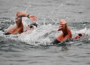 Aussie Ky Hurst (right) in the men's 10km open water swim.