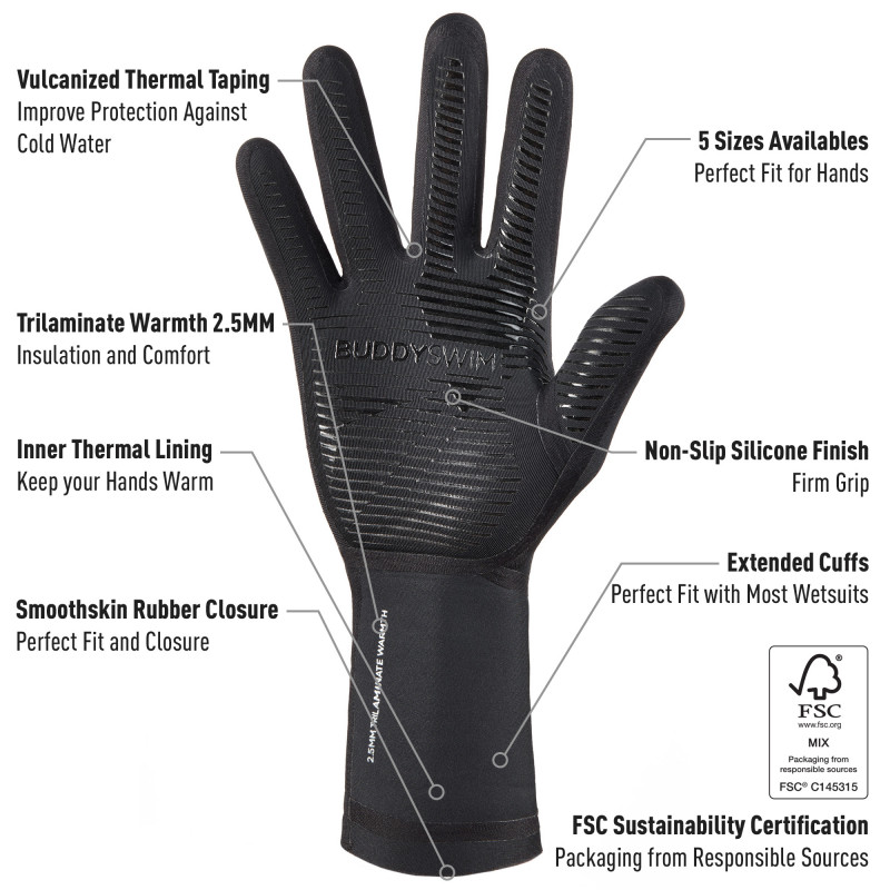 Neoprene Gloves Buddyswim Trilaminate Warmth 2.5mm